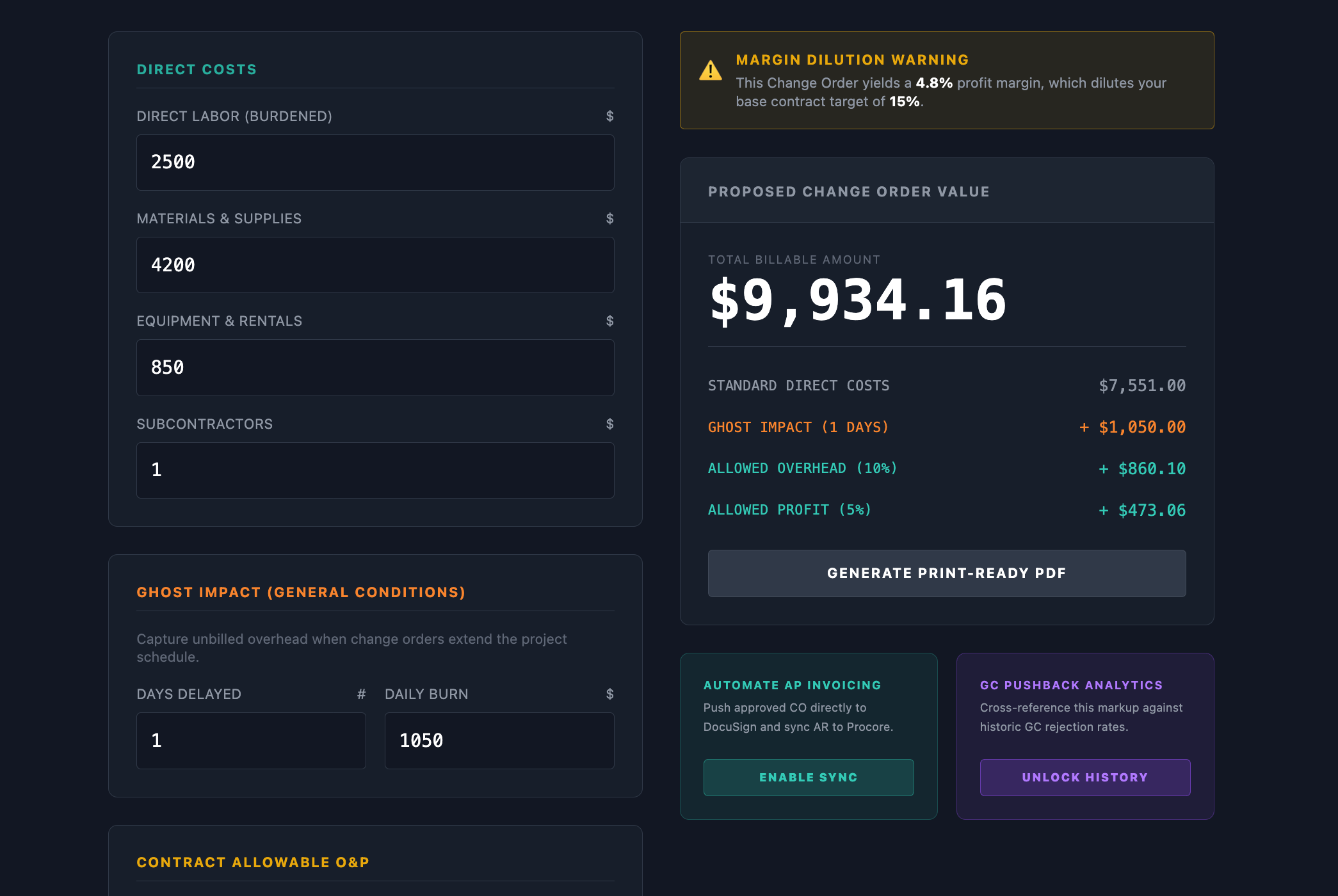Commercial contractor change order estimator dashboard generating allowable sub overhead and profit percentages for structured AIA document submittals.