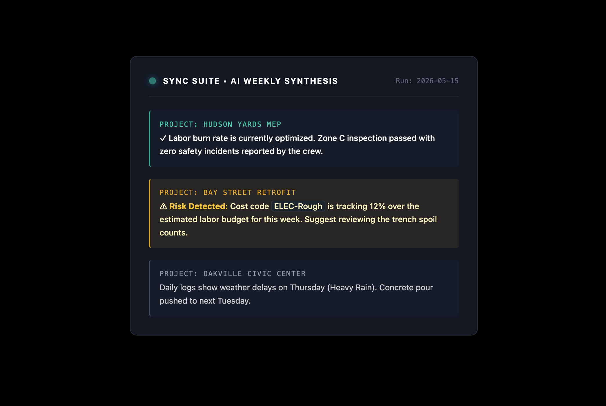 Automated AI weekly executive dashboard output aggregating decentralized field logs into a unified financial synthesis snapshot for project managers.