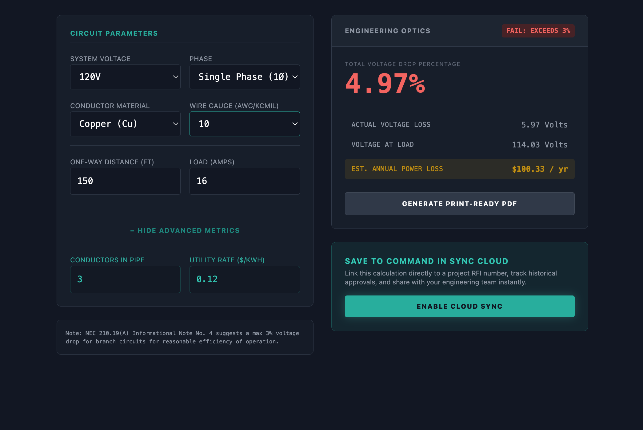 Interactive NEC 3% branch circuit voltage drop calculator dashboard rendering copper AWG wire gauge constraints and resistance losses under electrical load conditions.